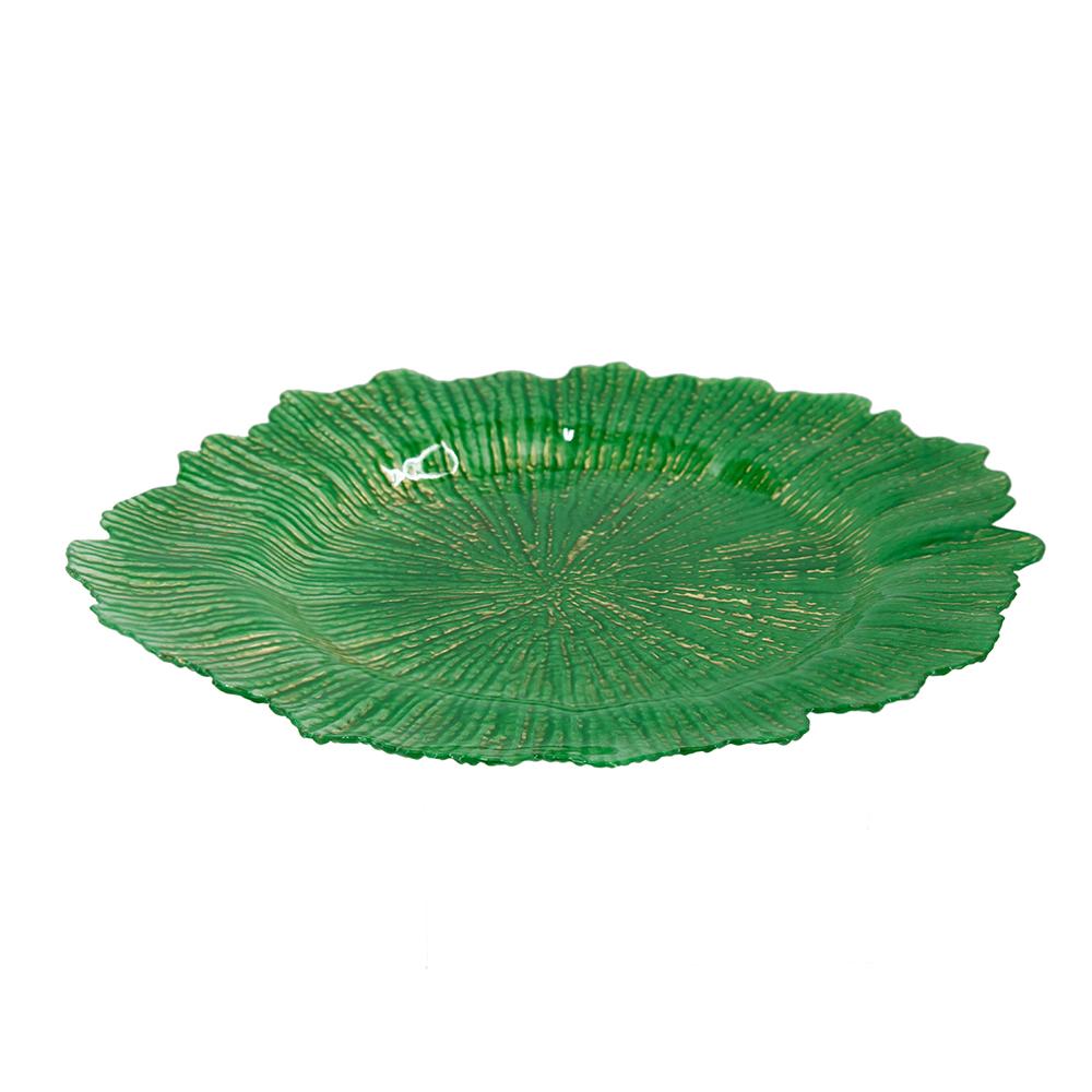 Green textured charger plate with gold accents perfect for festive table settings