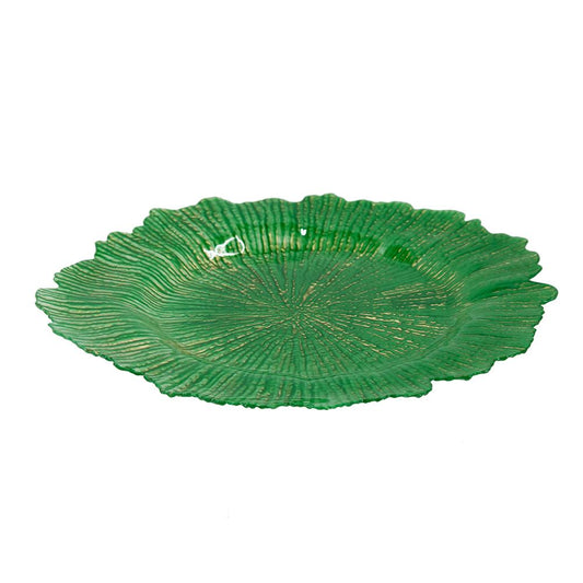 Green textured charger plate with gold accents perfect for festive table settings