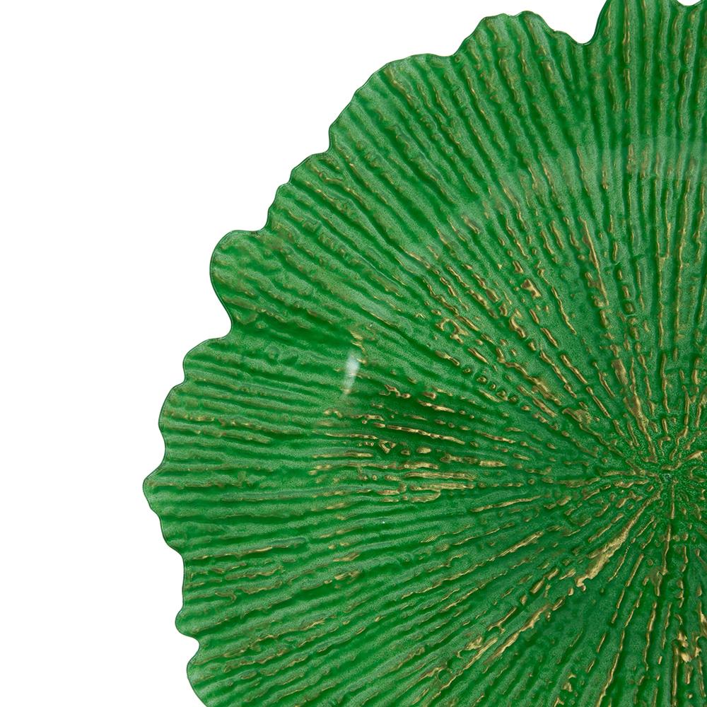Textured green leafshaped decorative plate with gold accents