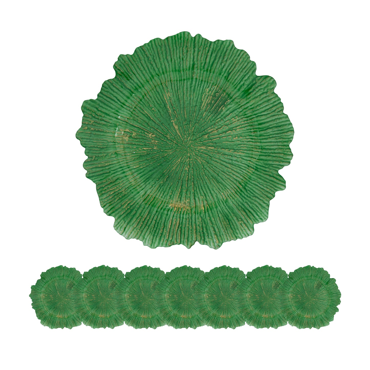 Set of eight green textured charger plates with scalloped edges for festive dining