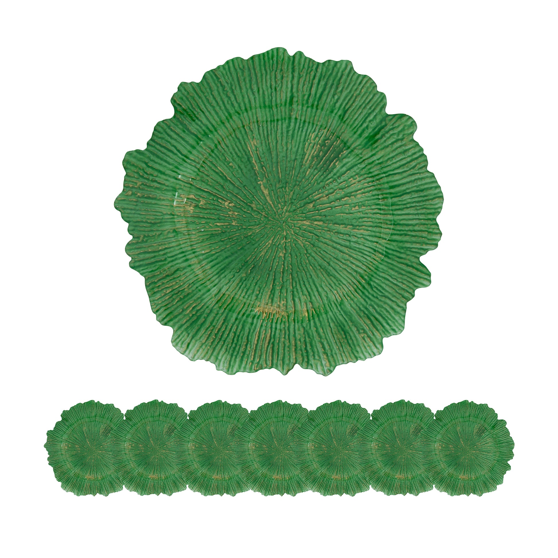 Set of eight green textured charger plates with scalloped edges for festive dining