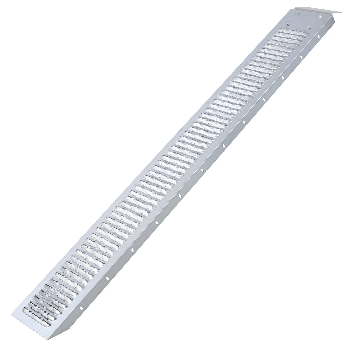 Silver aluminum ramp with textured surface for grip ideal for wheelchairs and mobility scooters