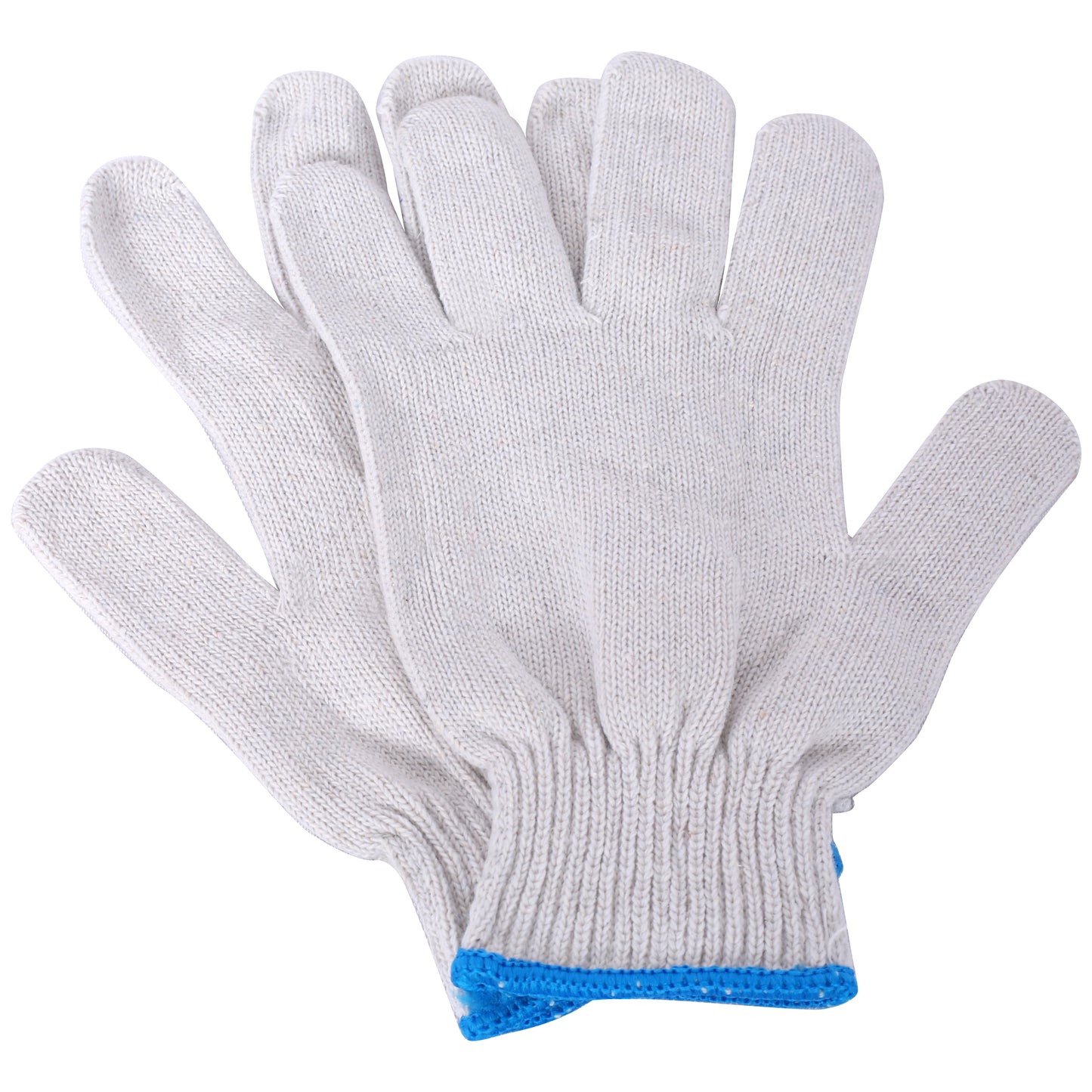 Pair of white knit work gloves with blue cuffs