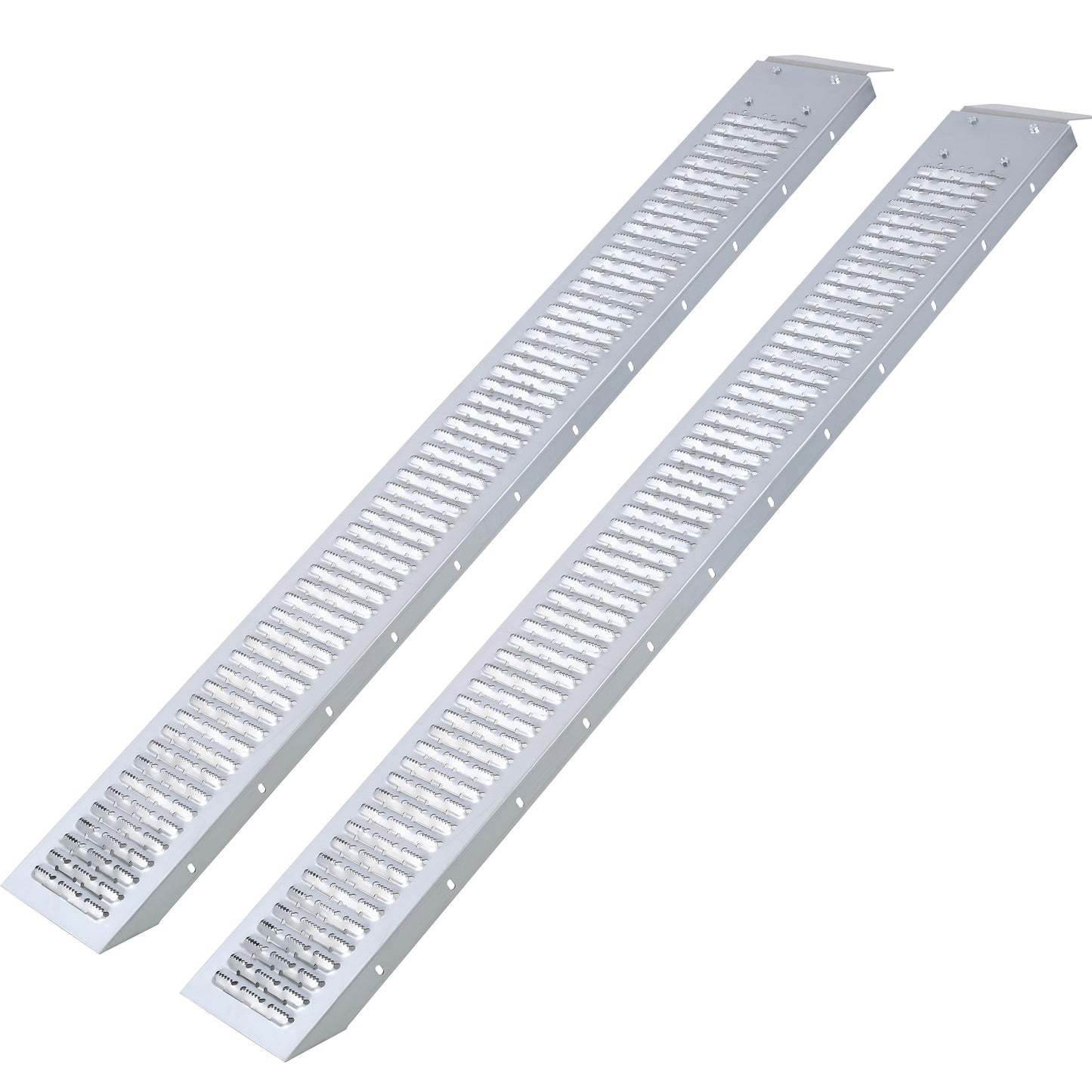 Pair of silver aluminum perforated loading ramps for vehicles