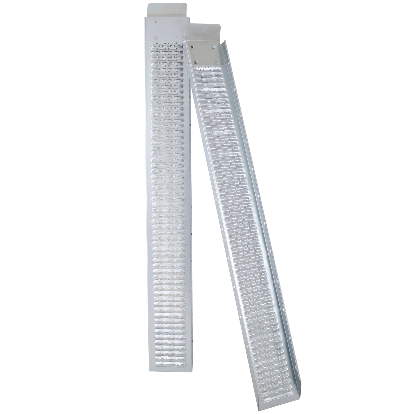 Silver aluminum ramp for wheelchairs featuring textured surface for grip