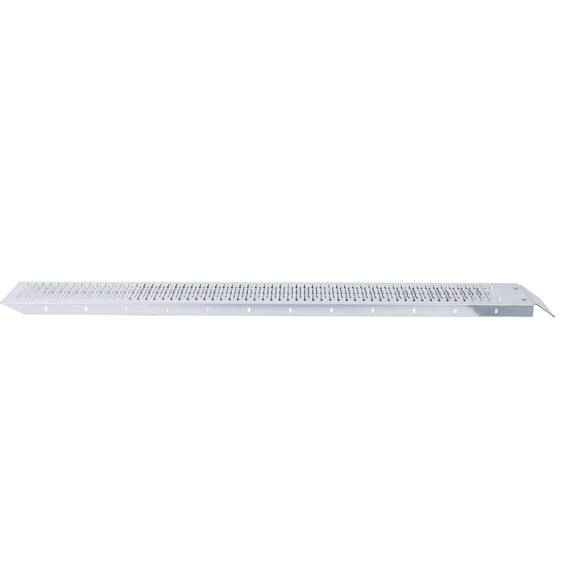 Silver metal stair tread with perforated grip surface and beveled edge
