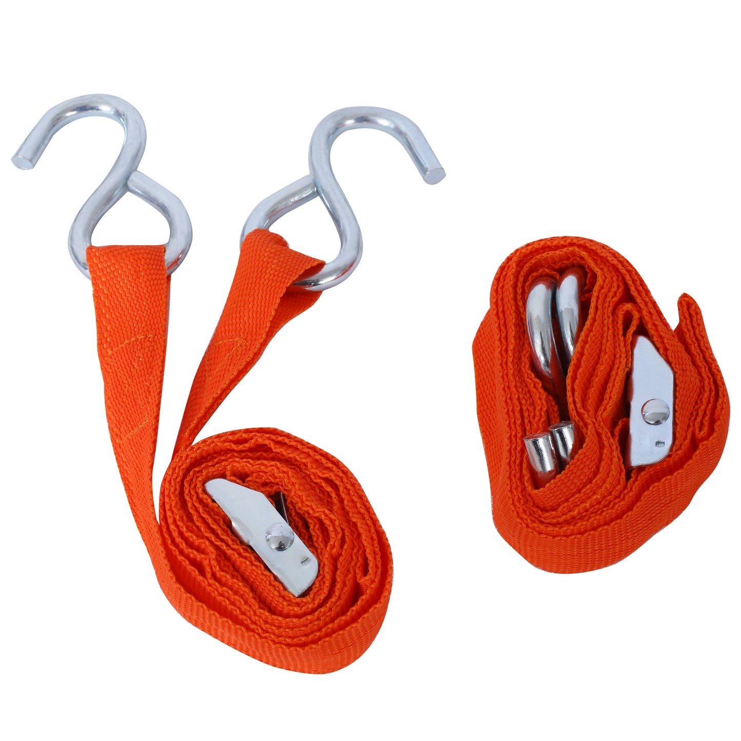 Orange ratchet strap with metal Shook compact for storage