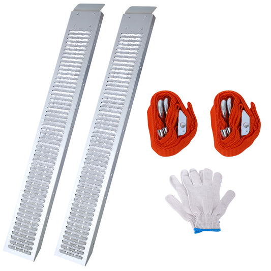 Pair of aluminum loading ramps with tiedown straps and work gloves for trailers