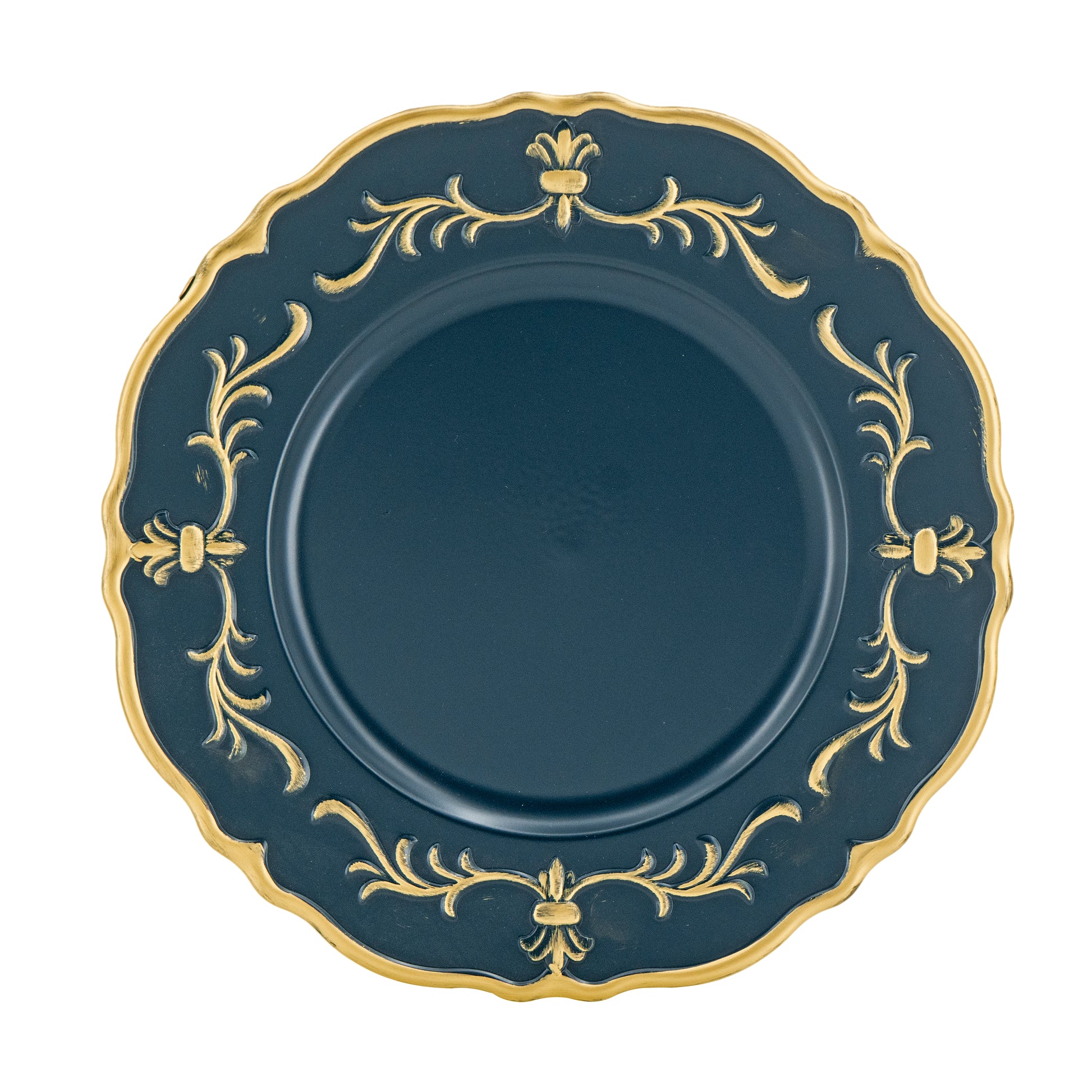 Dark blue charger plate with ornate gold scrolling vine pattern perfect for formal dining
