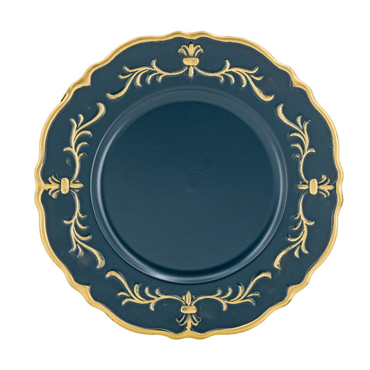 Dark blue charger plate with ornate gold scrolling vine pattern perfect for formal dining