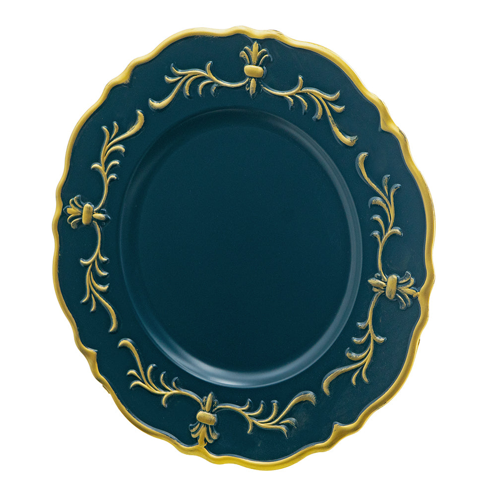 Dark teal charger plate with ornate gold scrollwork and scalloped edges