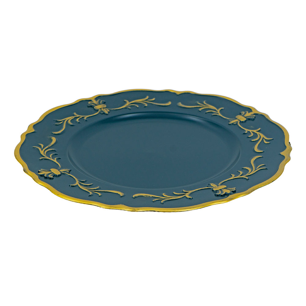 Elegant teal charger plate with ornate gold filigree detailing on the rim