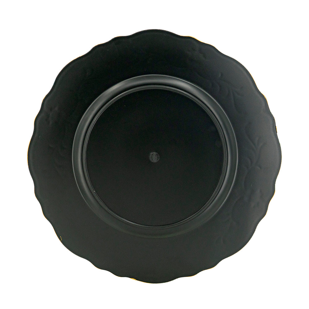 Black charger plate with ornate gold rim and textured surface ideal for elegant dining