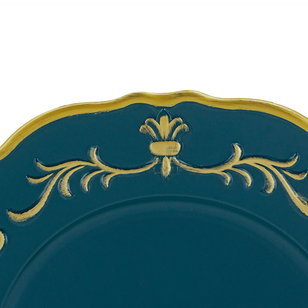 Deep teal serving platter with ornate gold scrollwork detailing elegant for special occasions