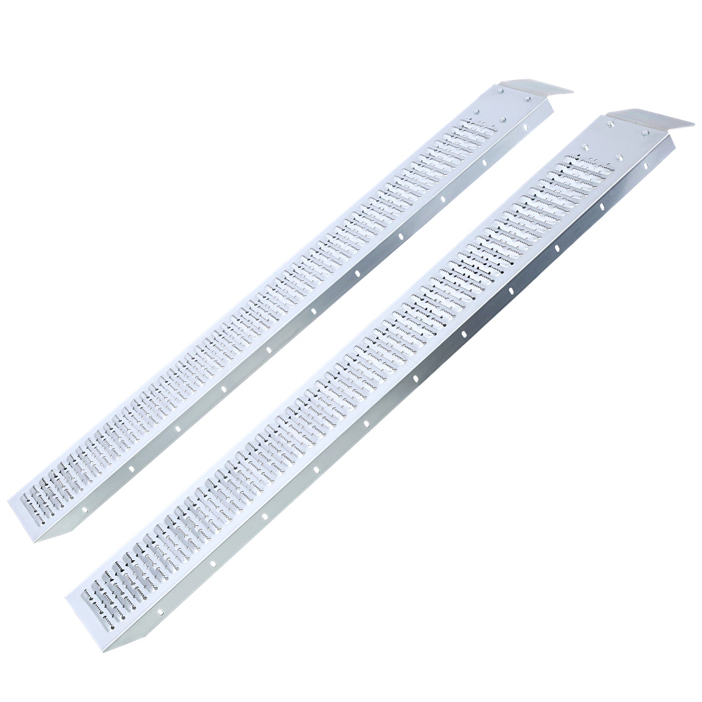 Pair of silver metal ramps with perforated grip surface for wheelchairs