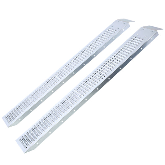 Pair of silver metal ramps with perforated grip surface for wheelchairs