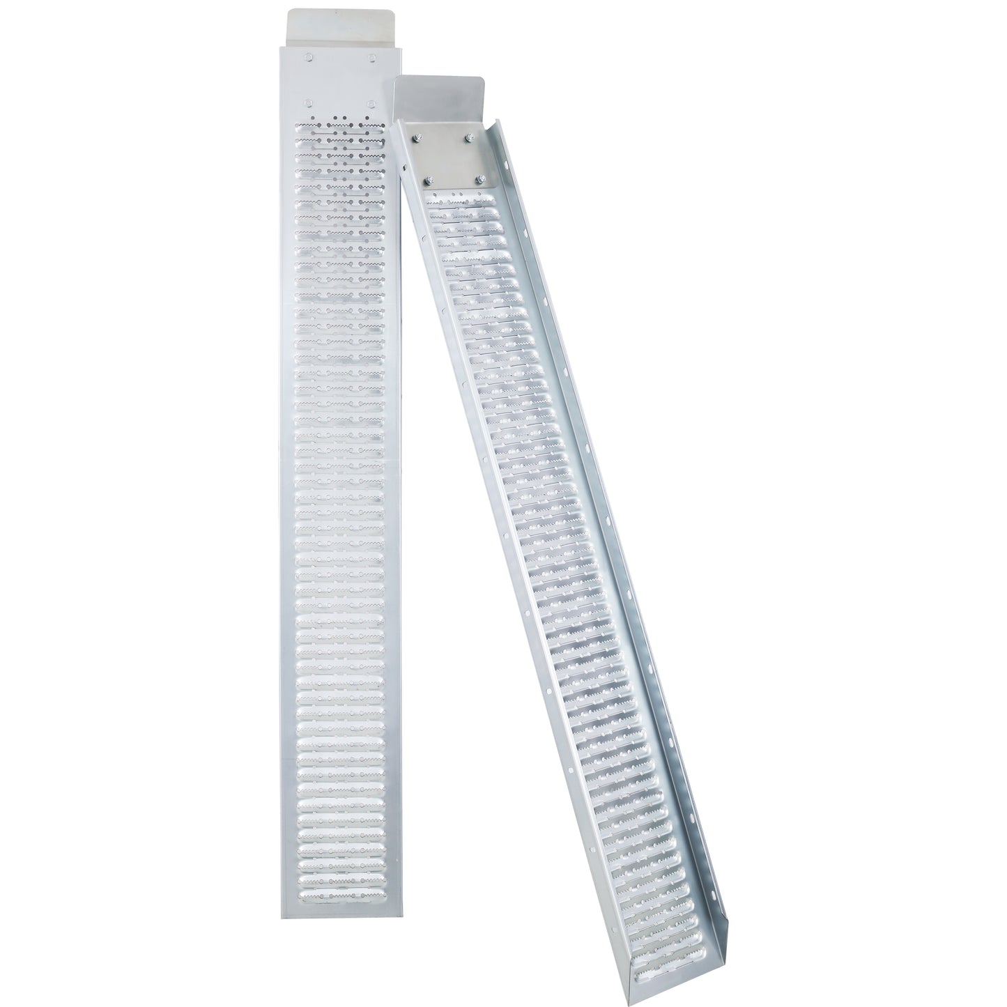 Silver aluminum portable wheelchair ramp with textured surface for grip and safety