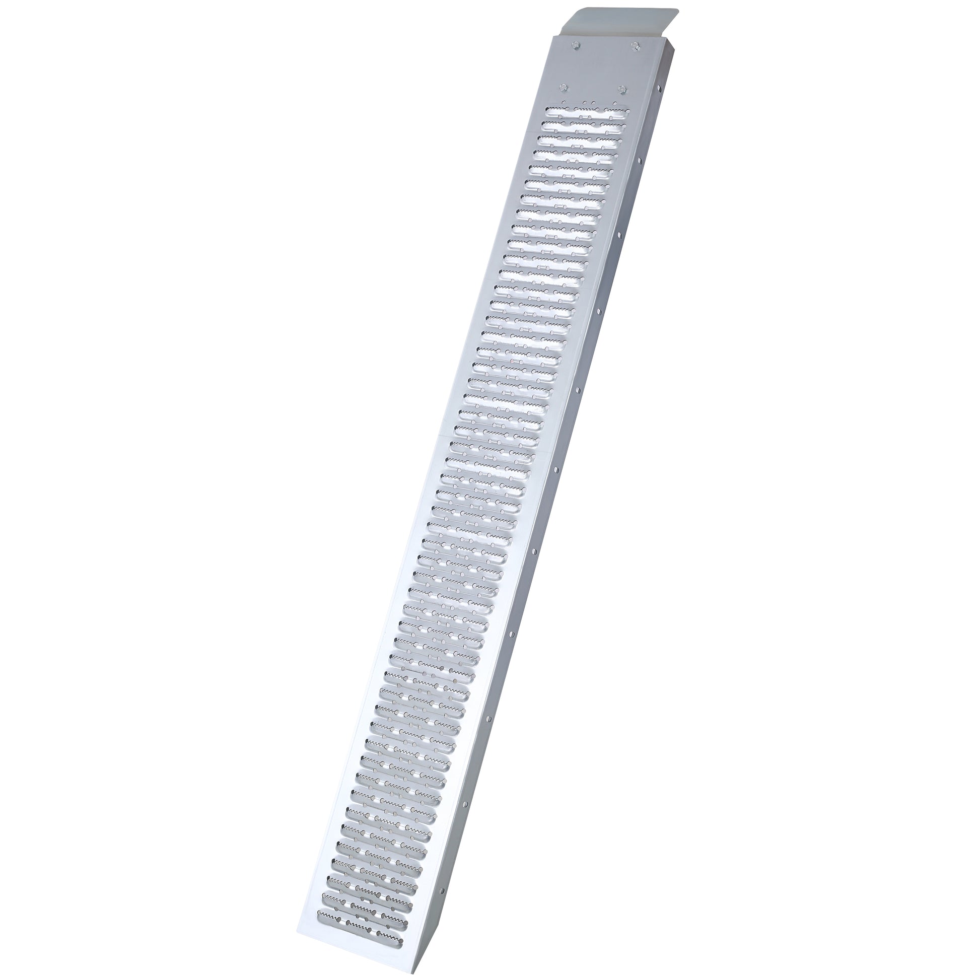 Silver aluminum loading ramp with serrated grip surface for traction ideal for ATVs