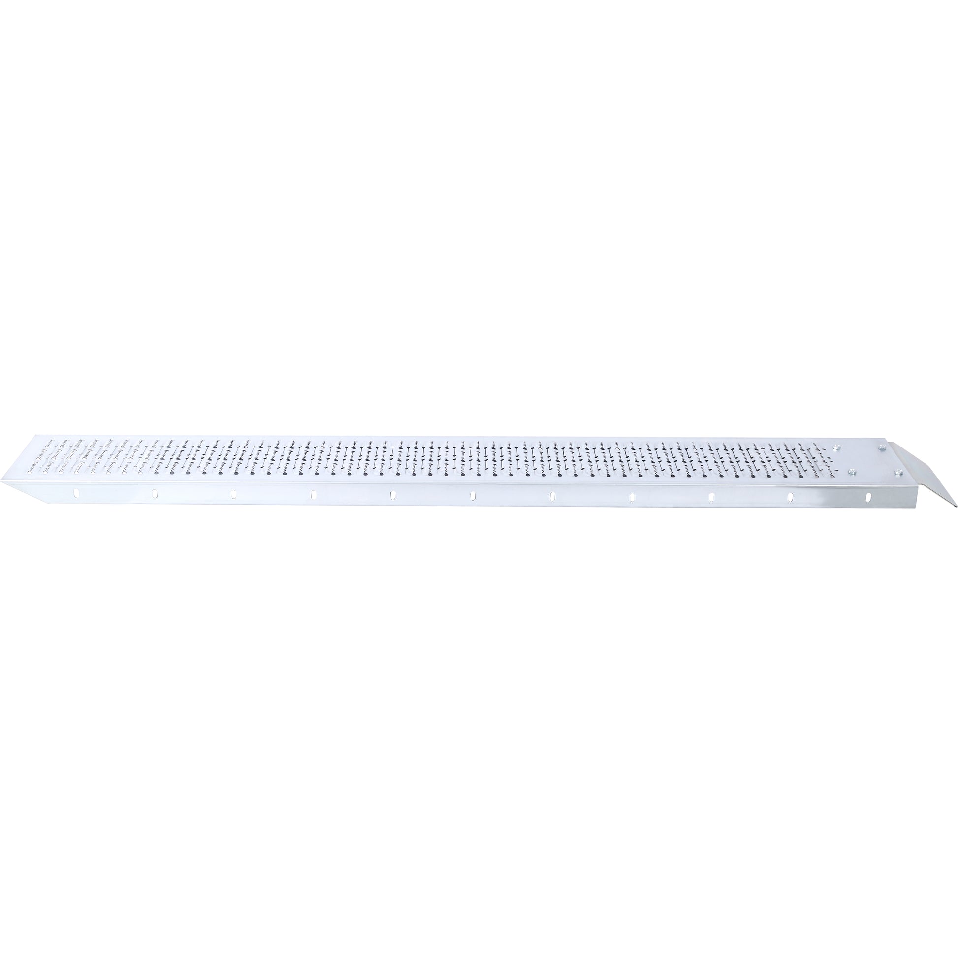 Silver metal grating ramp with small holes and mounting bolts