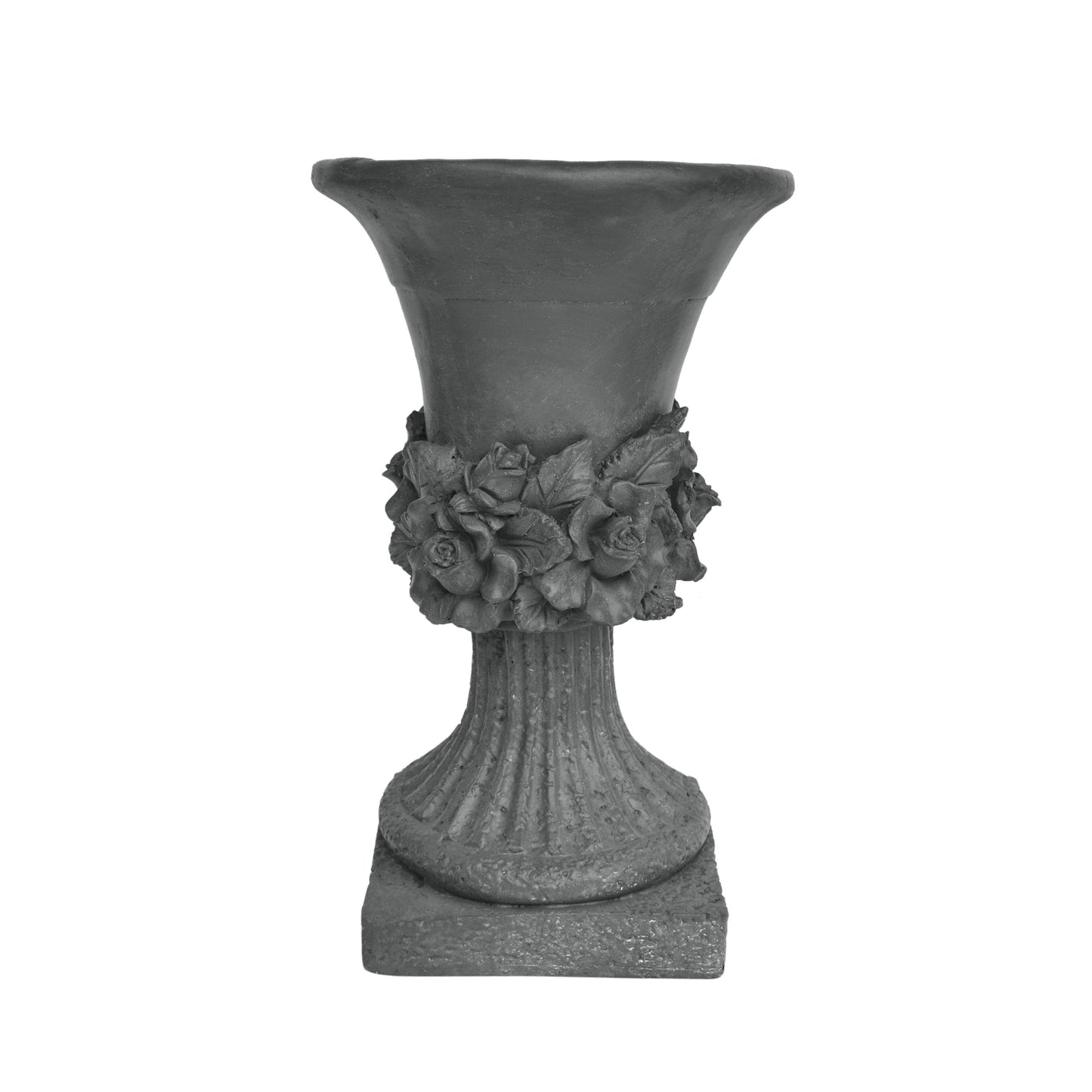 Decorative stone urn with sculpted rose and leaf accents perfect for garden landscaping