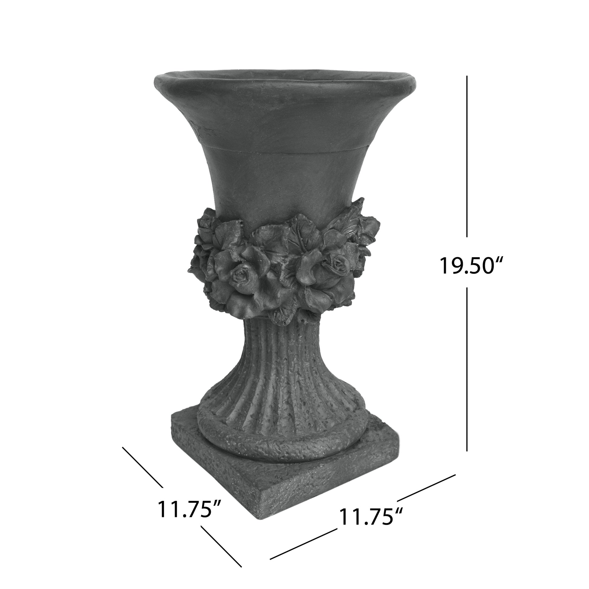 Gray resin planter with ornate rose and leaf detailing and ribbed pedestal