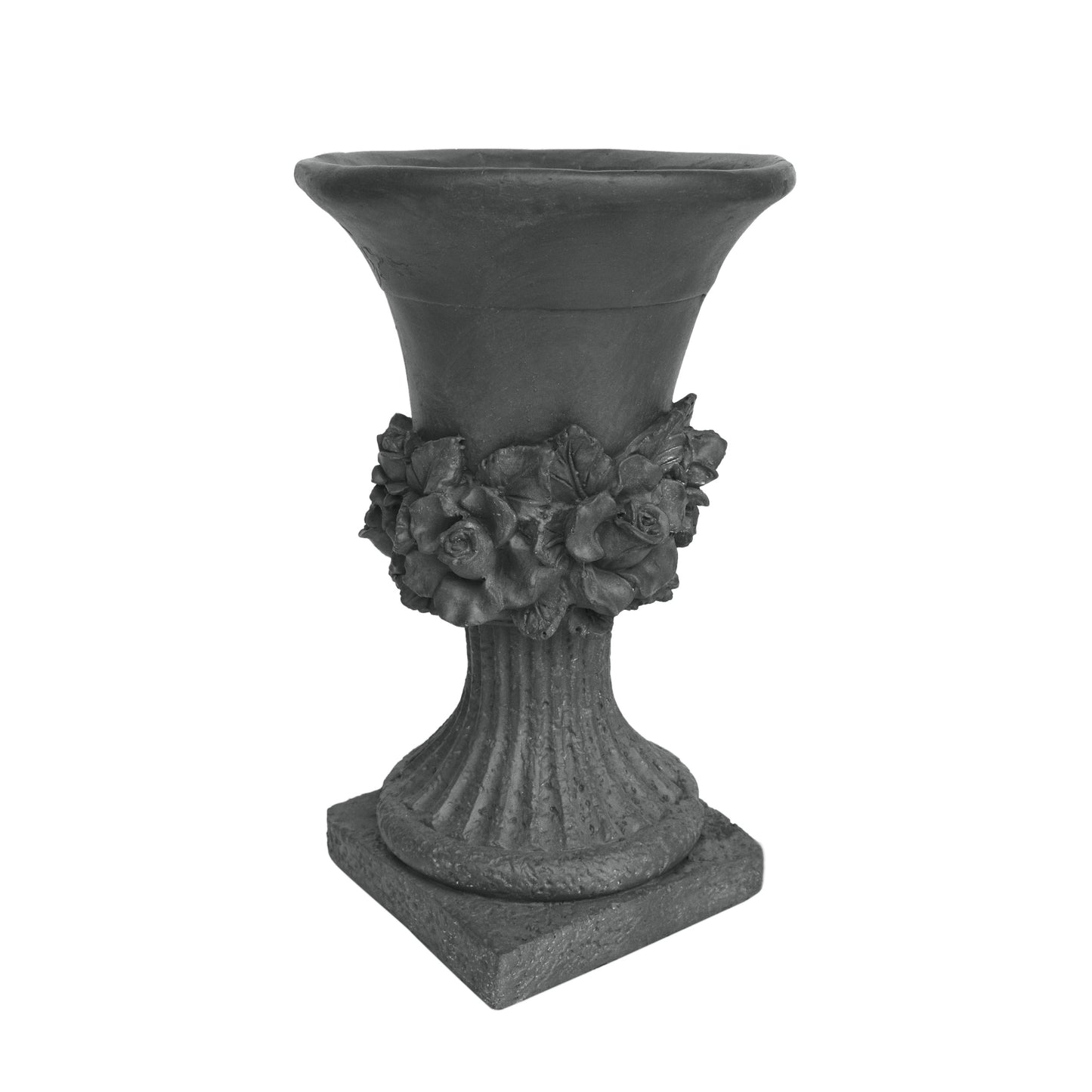 Gray stone urn planter with ornate rose and leaf detailing on pedestal base