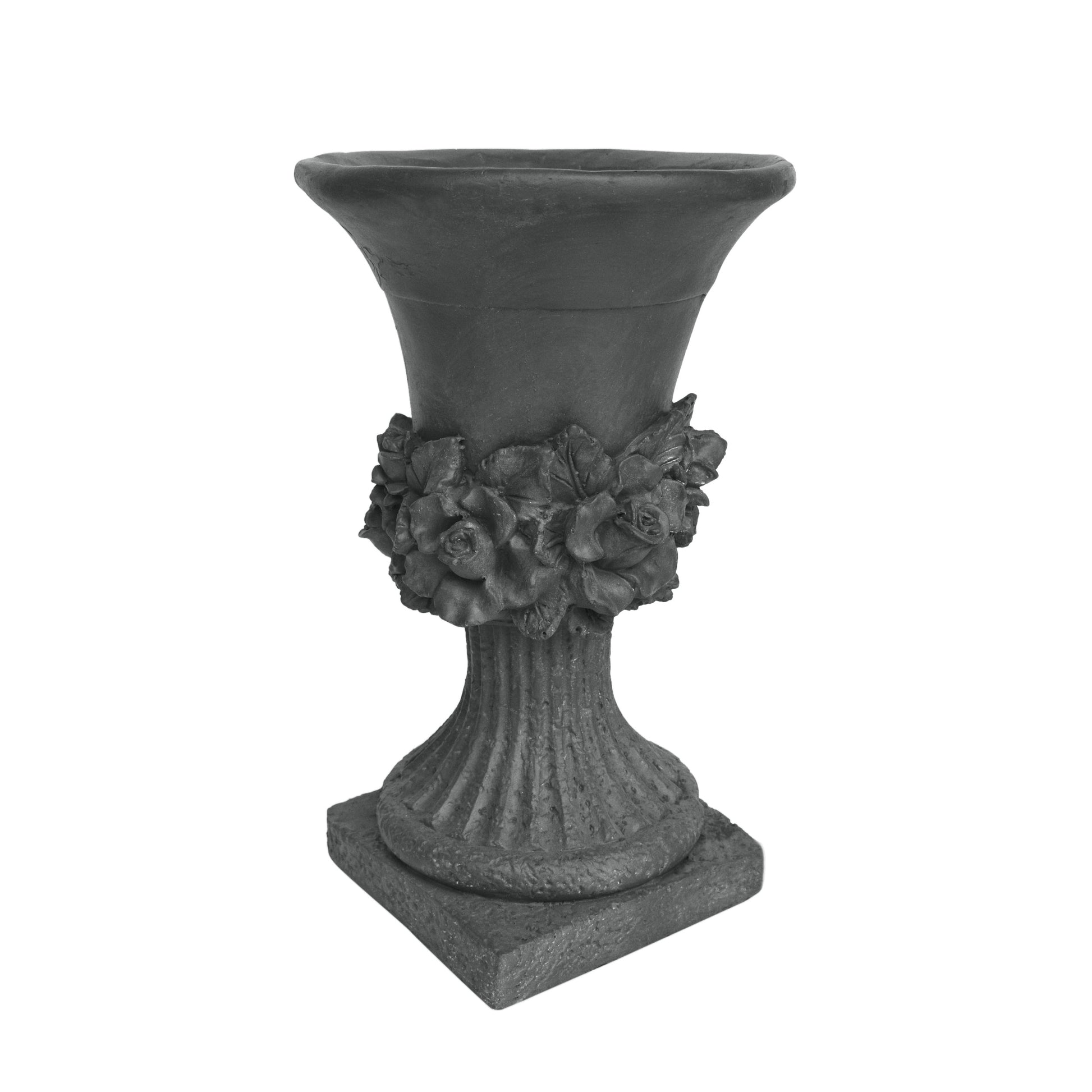 Gray stone urn planter with ornate rose and leaf detailing on pedestal base