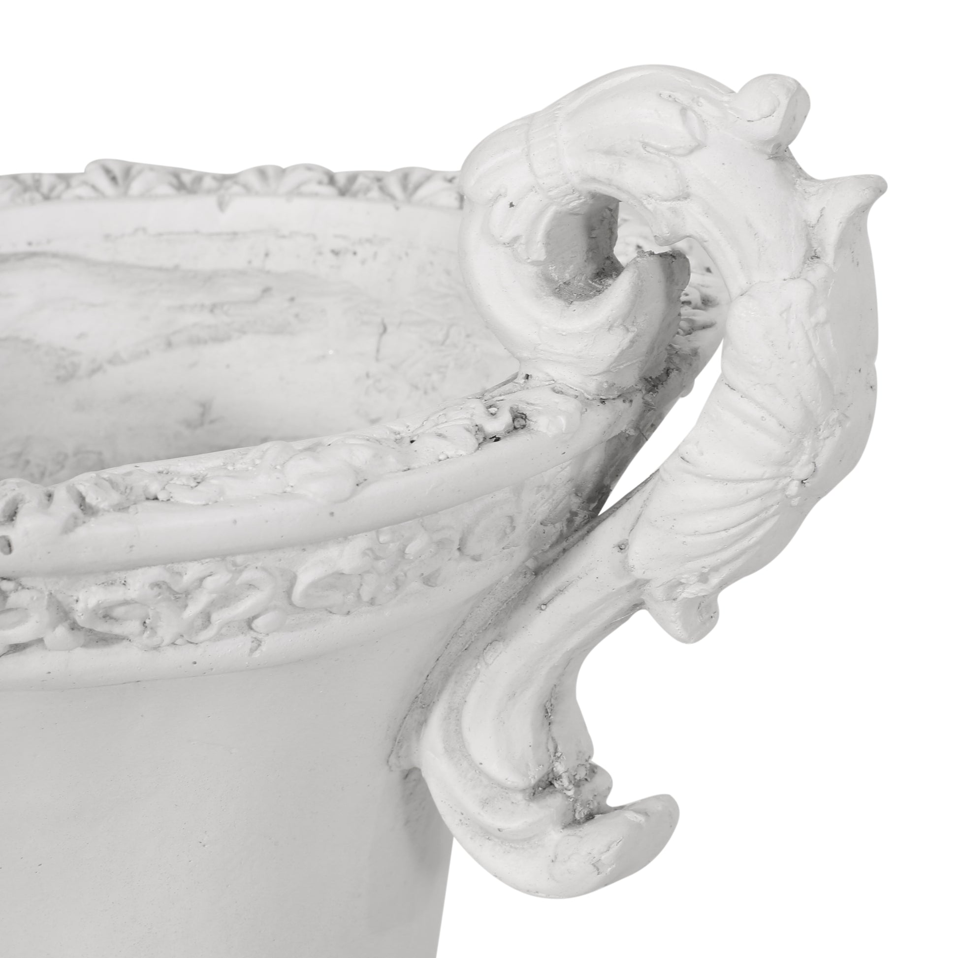 Ornate white ceramic urn with intricate scrollwork handles ideal for floral arrangements