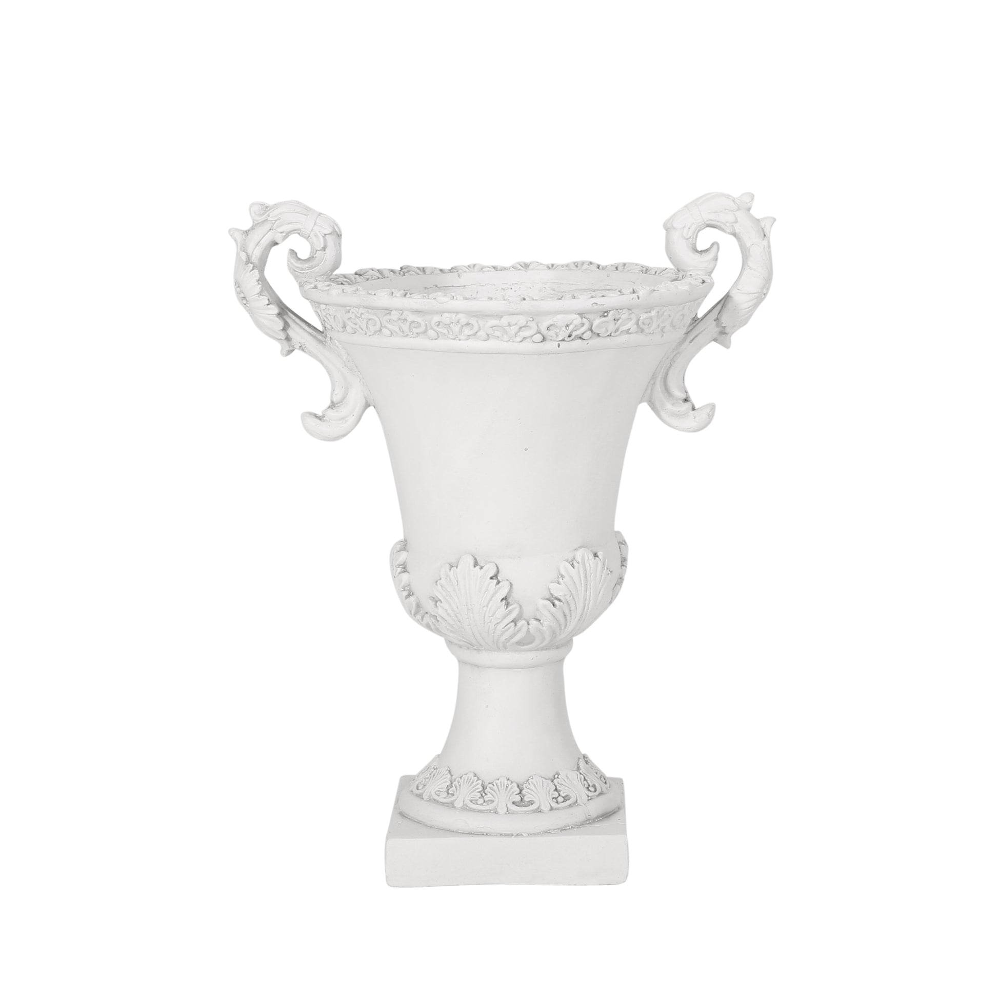 White ornate pedestal vase with decorative handles ideal for classic home decor