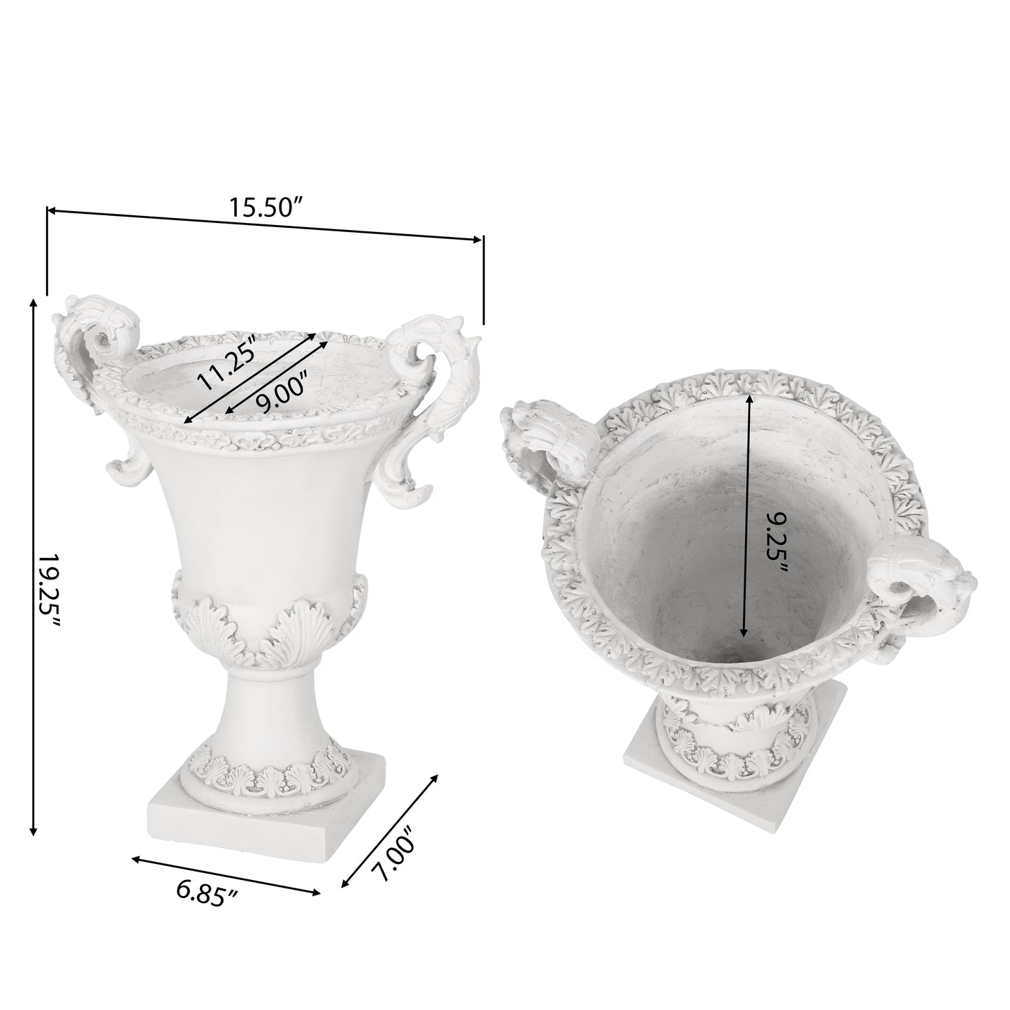 White ornate large urn with dragon handles and embossed floral rim perfect for garden decor