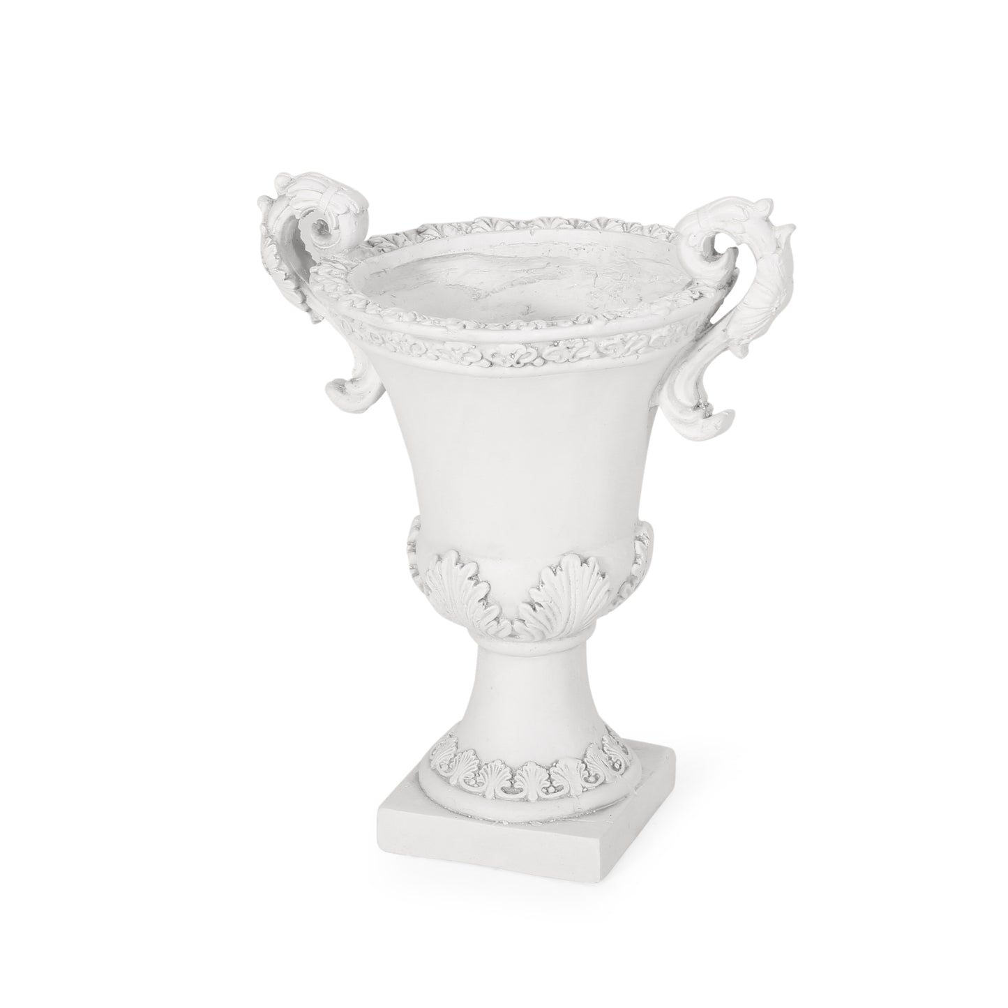 White ornate ceramic urn with handles perfect for floral arrangements