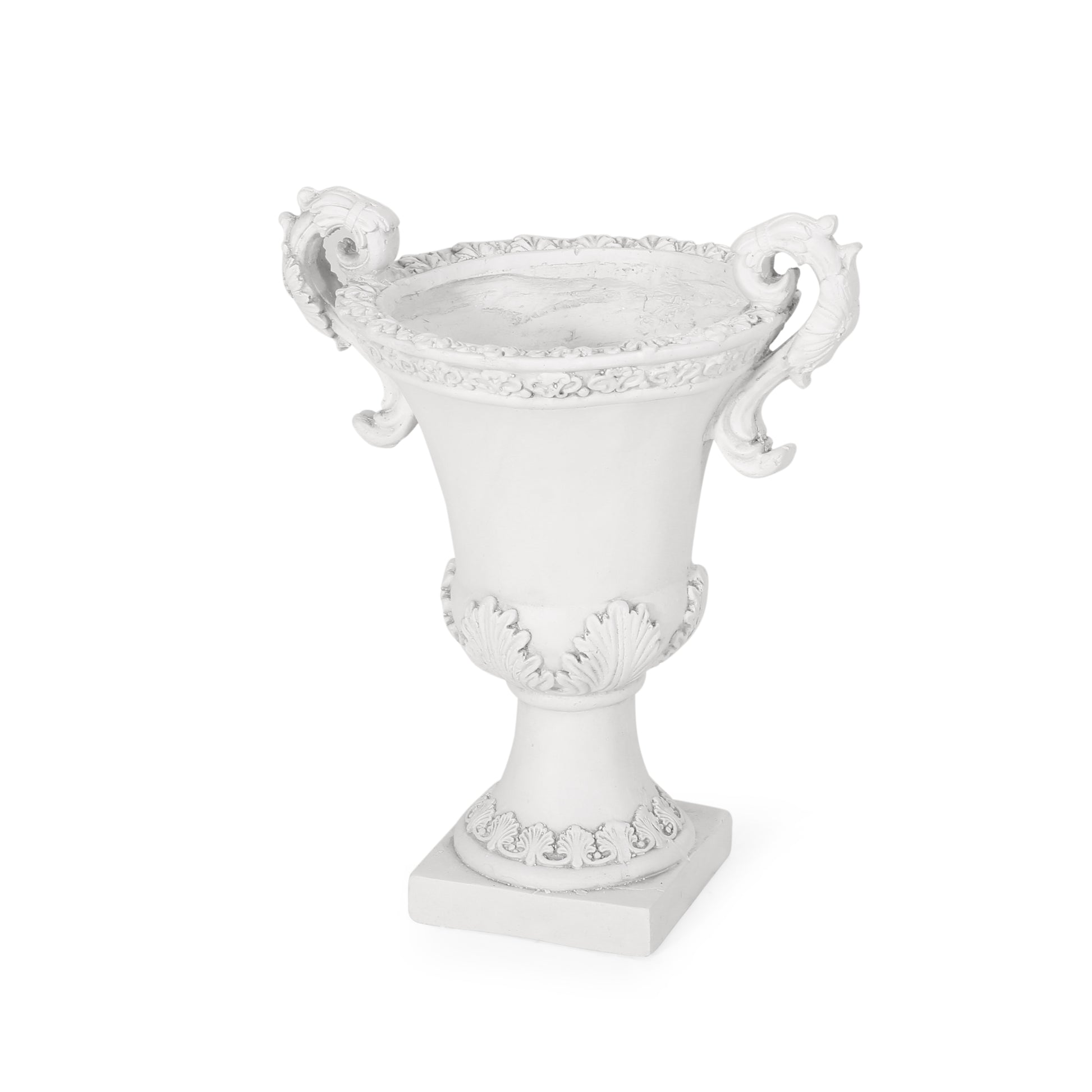 White ornate ceramic urn with handles perfect for floral arrangements
