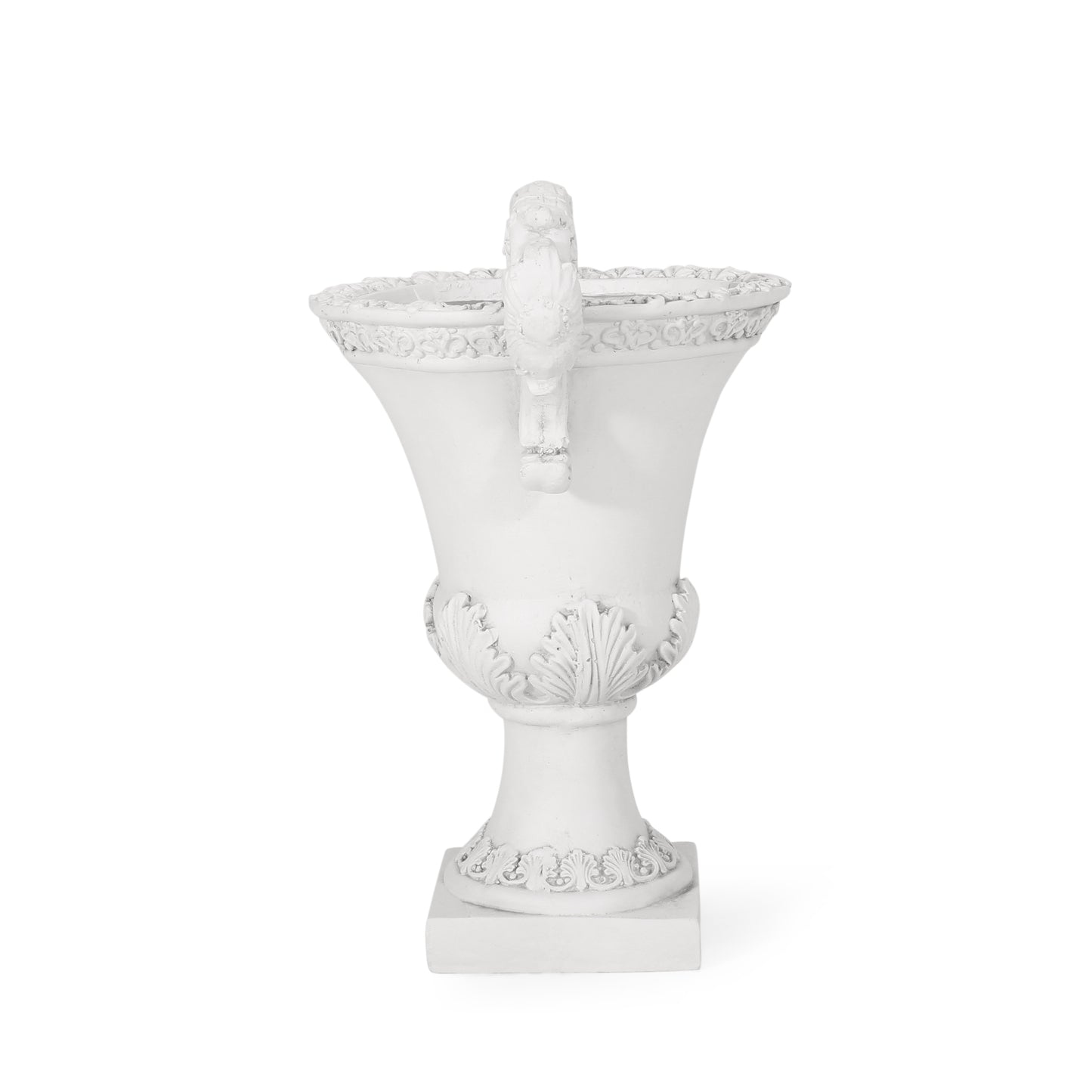 White ornate pedestal vase with classical sculpted details a decorative handle and a square base