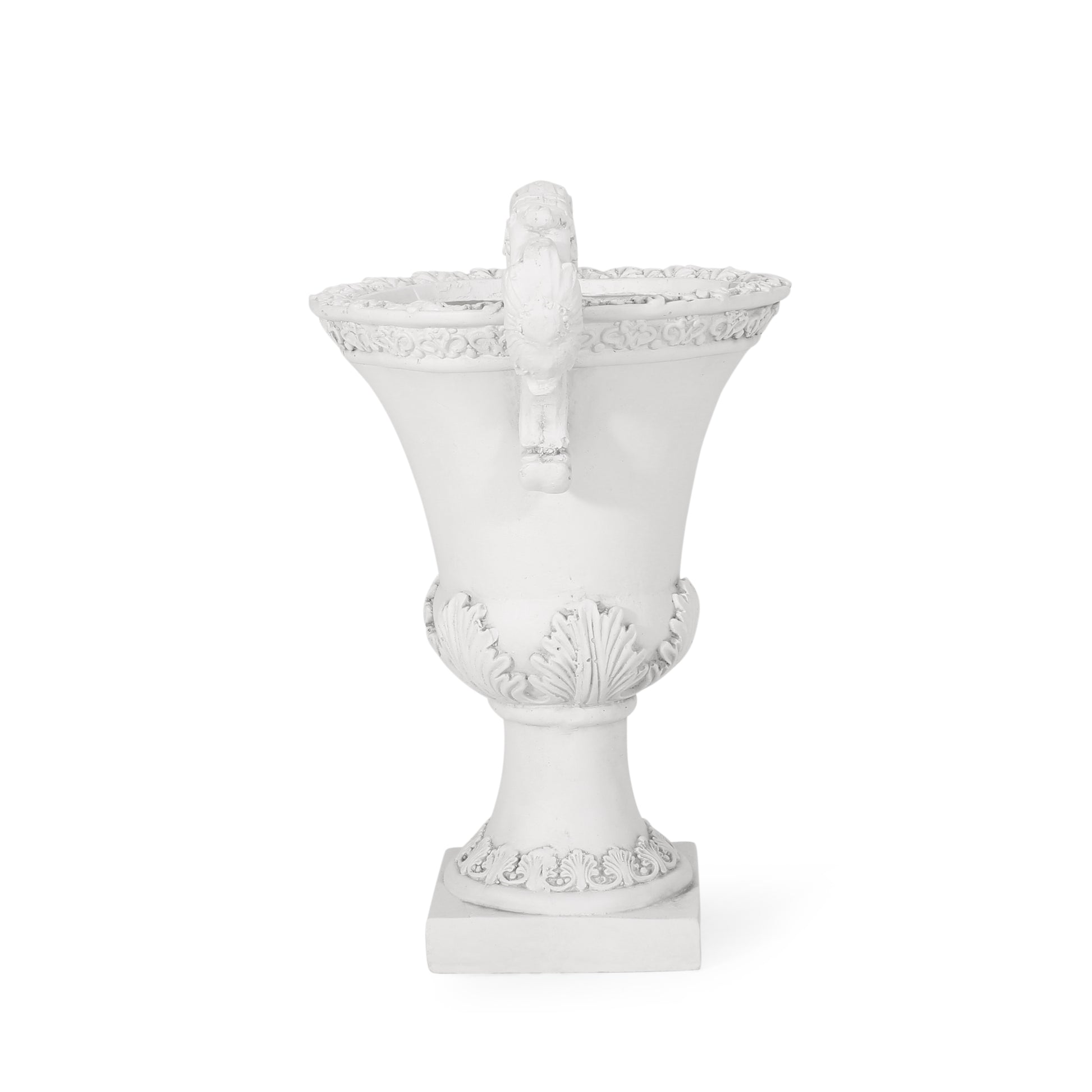 White ornate pedestal vase with classical sculpted details a decorative handle and a square base