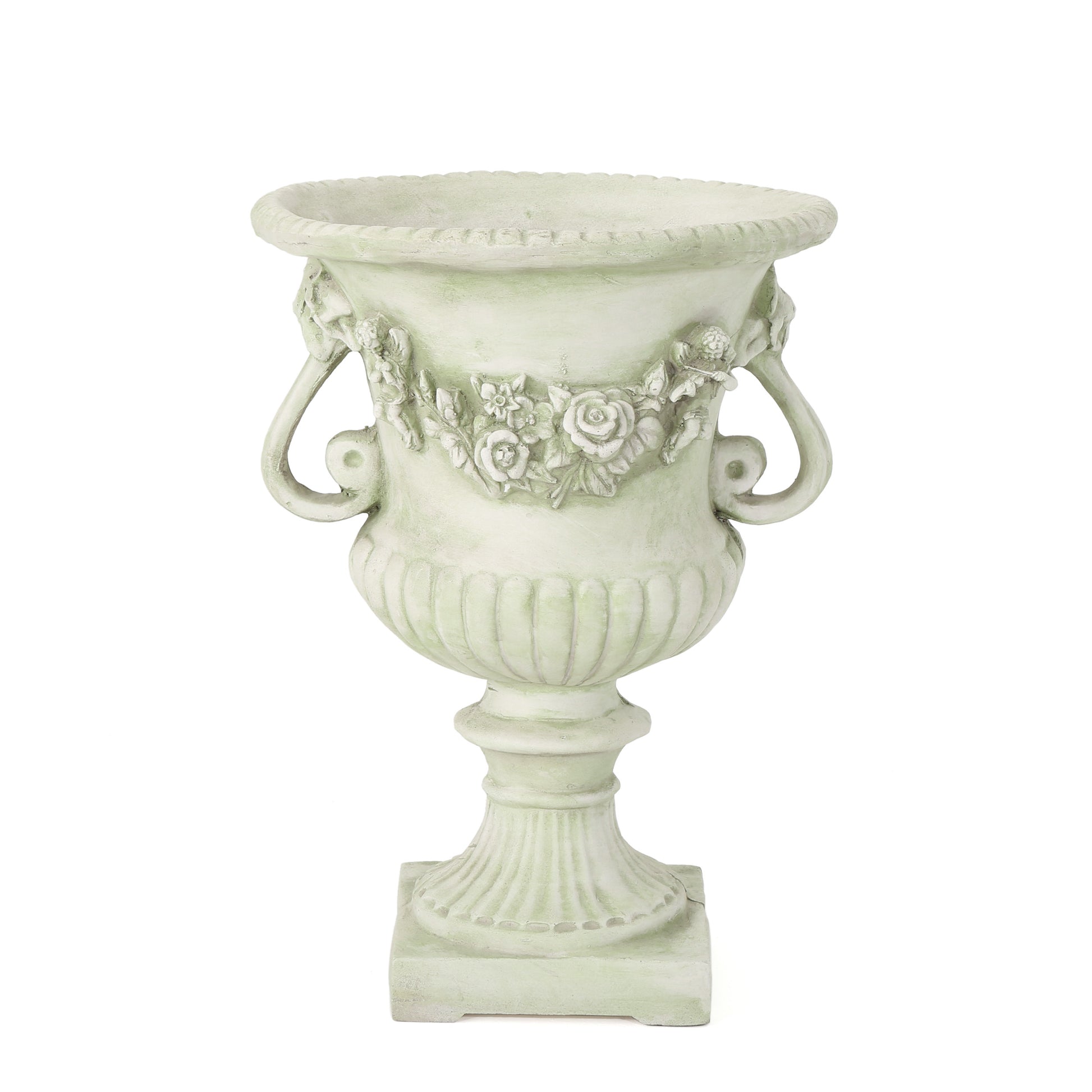 Light green ceramic garden urn with floral reliefs and scroll handles