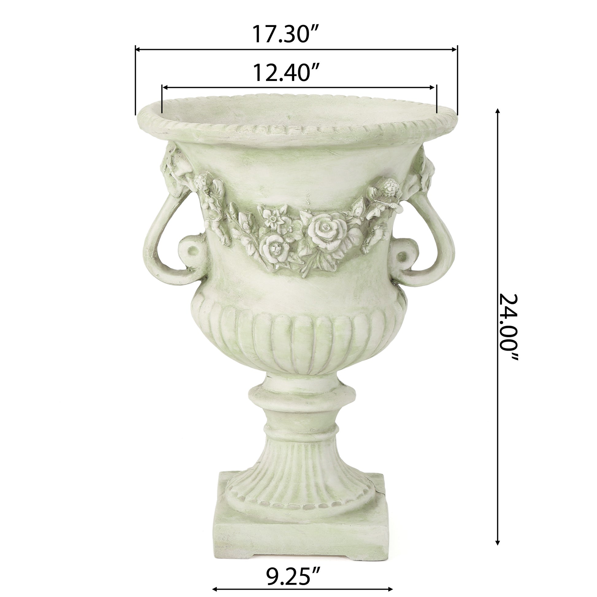 Elegant distressed white cast stone garden urn with floral and cherub detailing  H