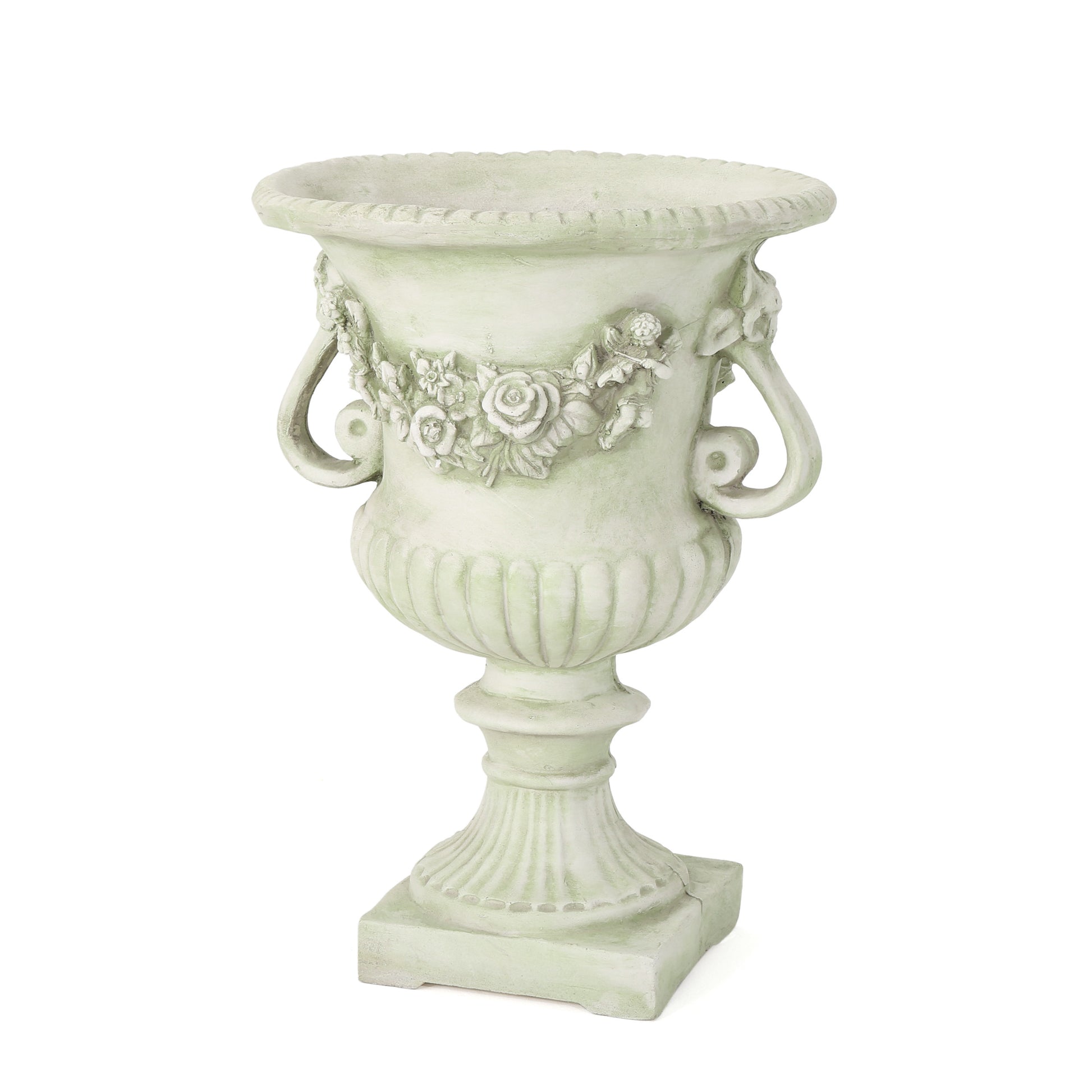 Antiquestyle stone urn planter with decorative floral garland and cherubs