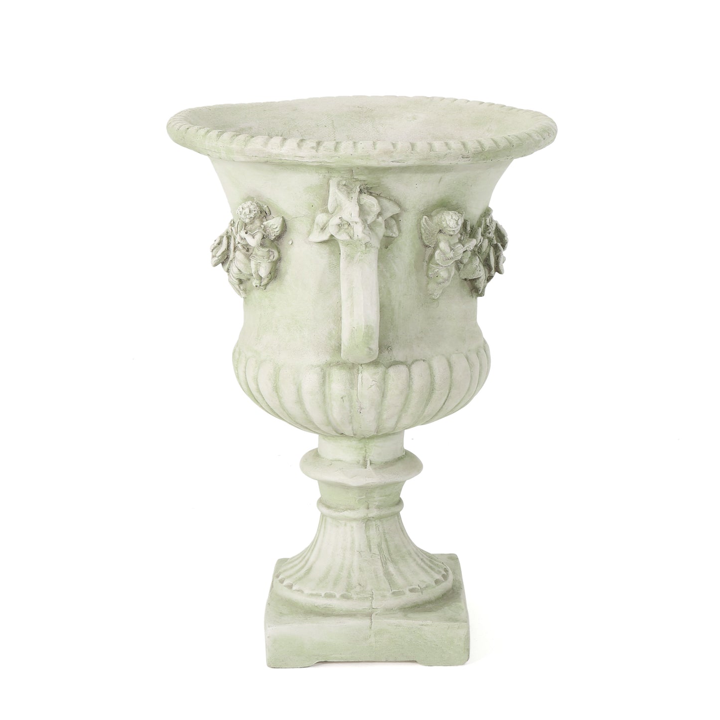 Light green agedlook cherub urn planter with decorative scrollwork and fluted base