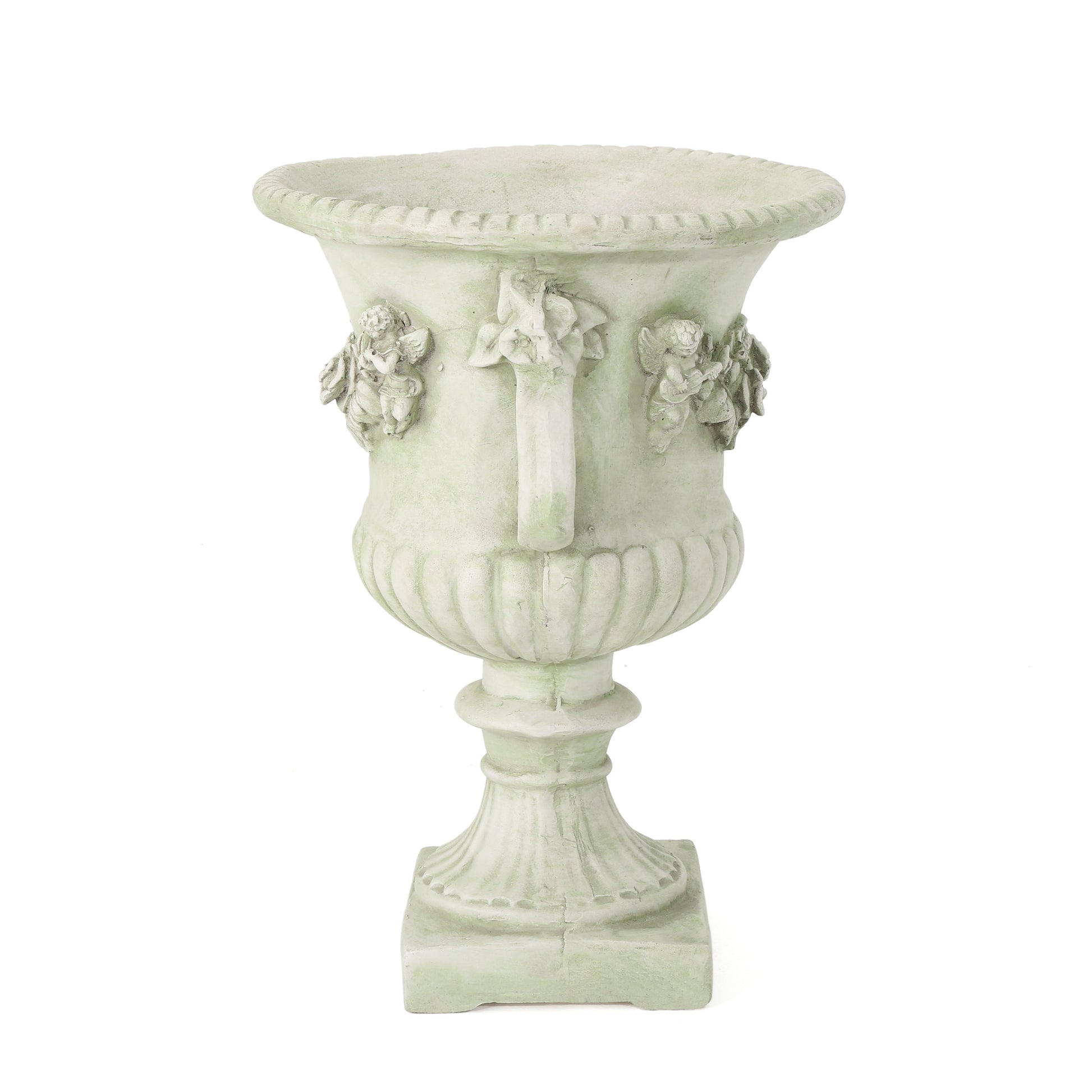 Light green agedlook cherub urn planter with decorative scrollwork and fluted base