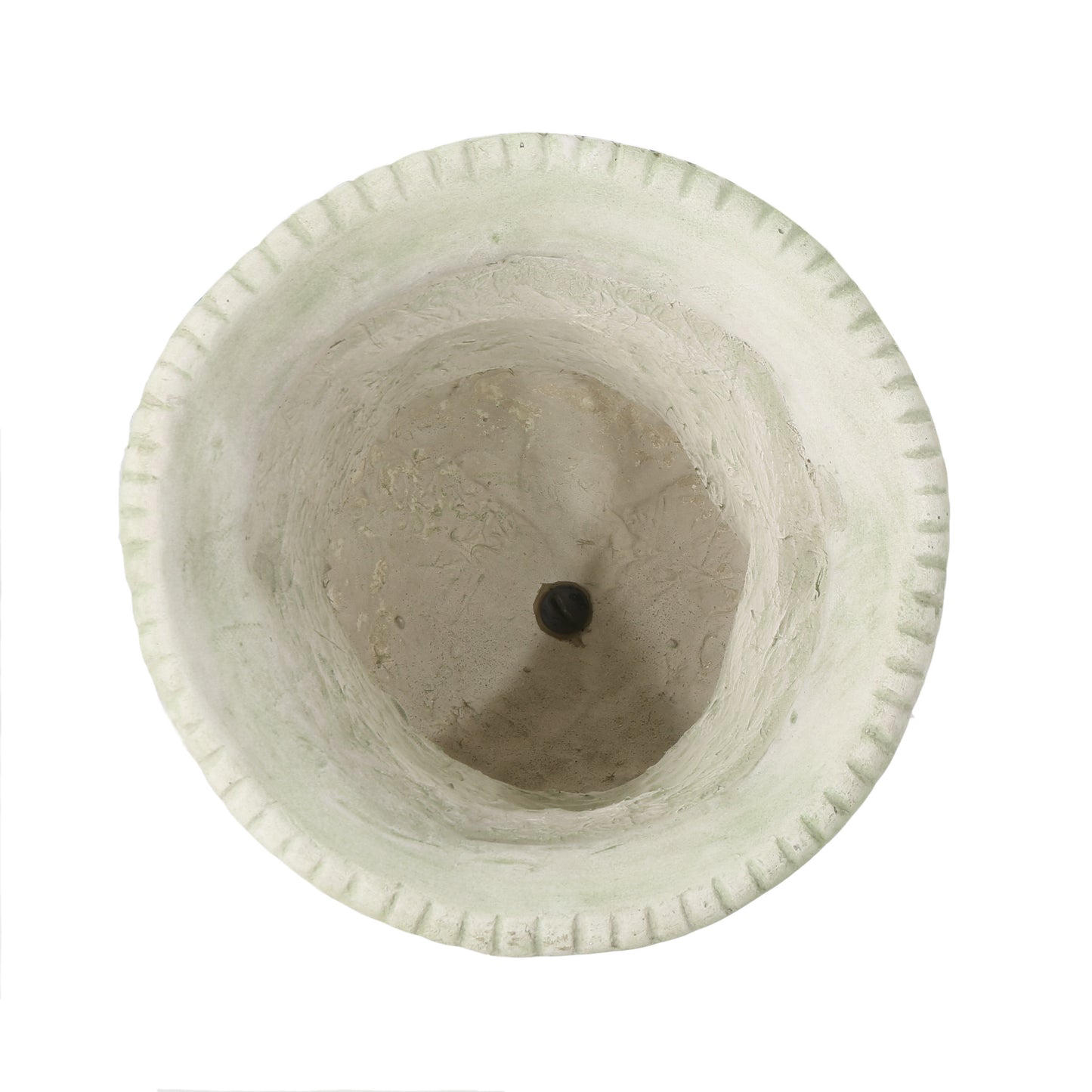 Top view of a pale green ceramic plant pot with ribbed detailing