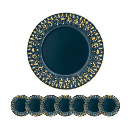 Dark teal ceramic dinner plates with embossed gold floral border pattern