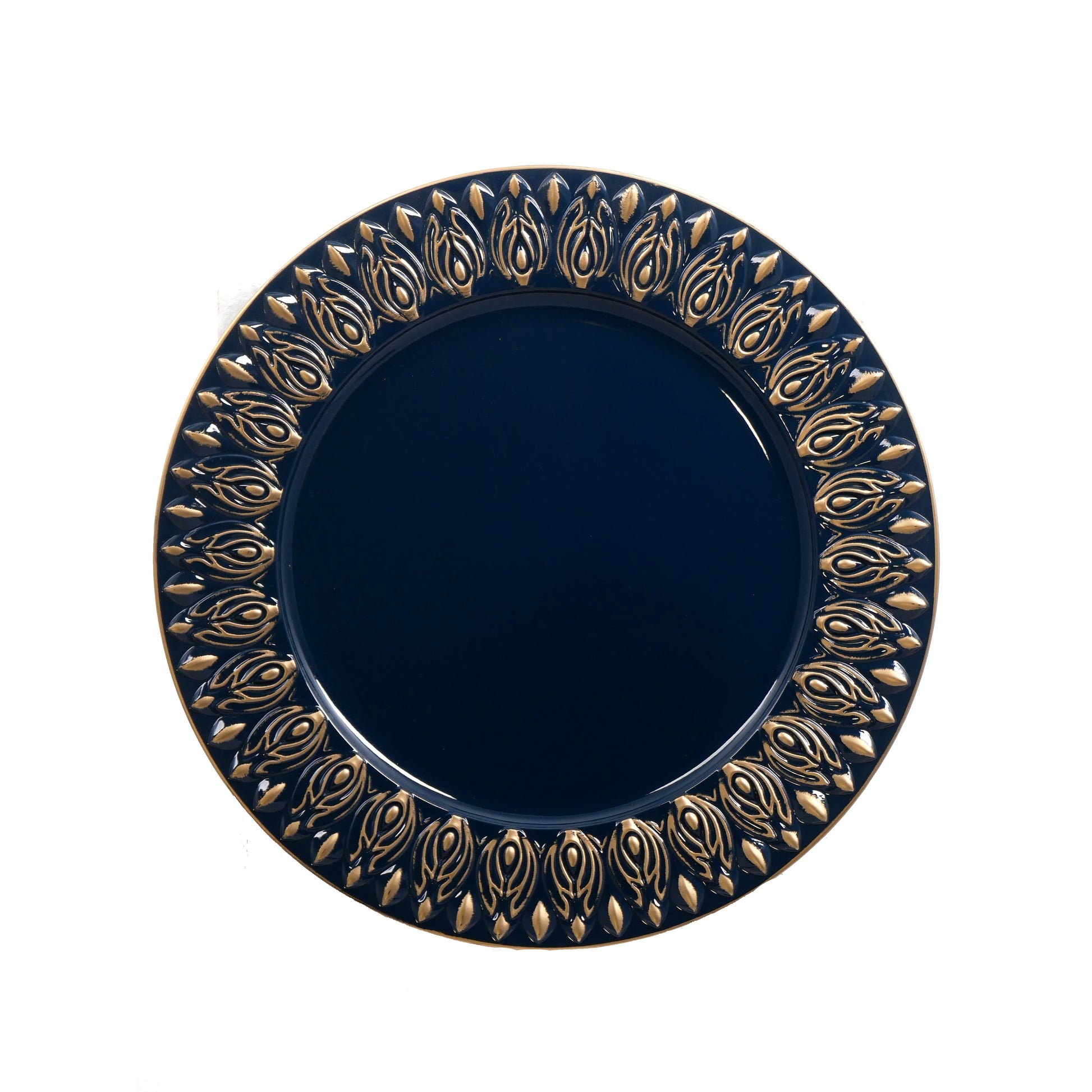 Elegant navy blue charger plate with ornate gold floral embossed rim