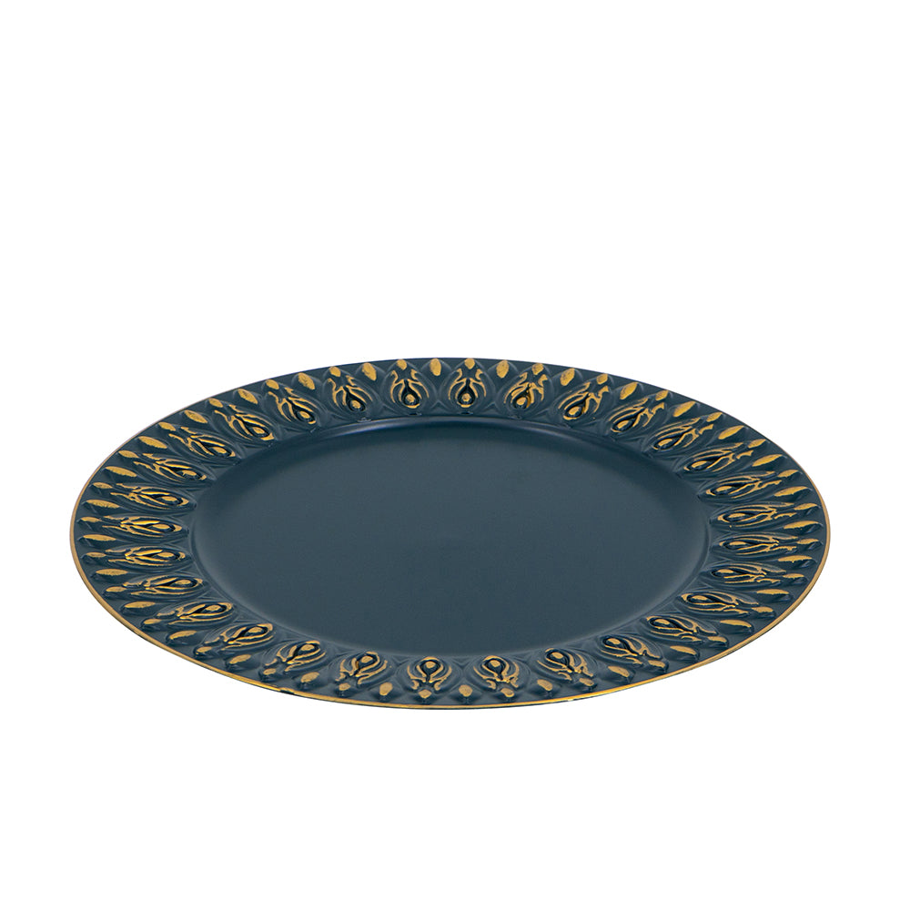 Dark blue charger plate with ornate gold embossed rim detail for elegant dining