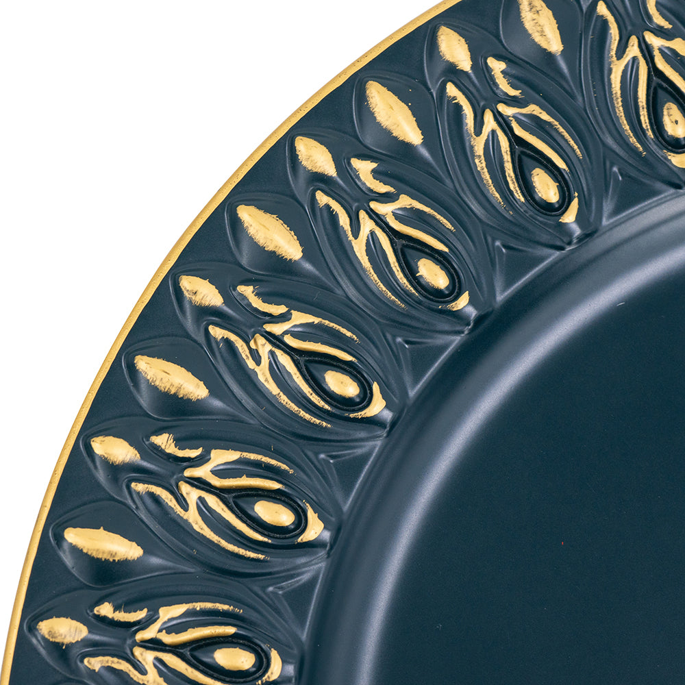 Elegant navy blue charger plate with ornate gold peacock feather design on rim
