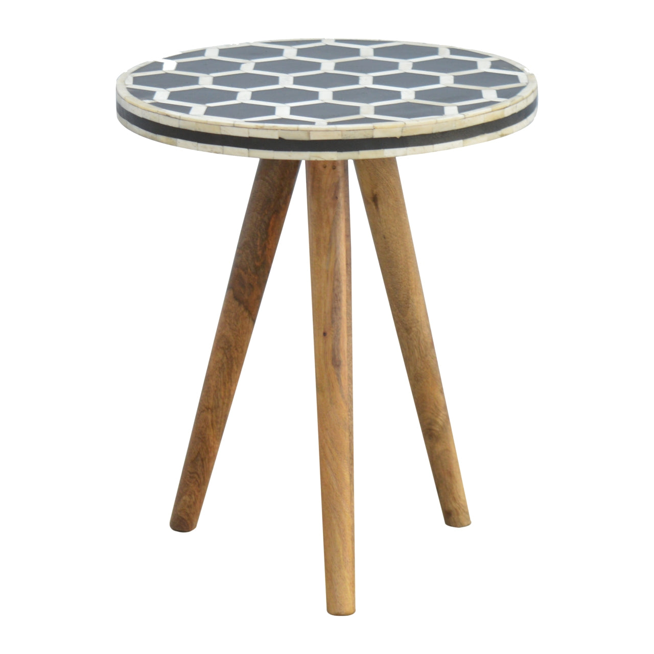 Round bone inlay side table with hexagonal pattern and wooden legs