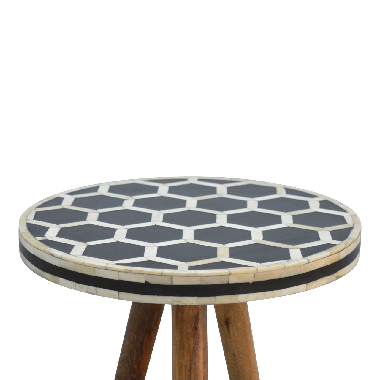 Round bone inlay side table with black geometric honeycomb pattern and wooden legs