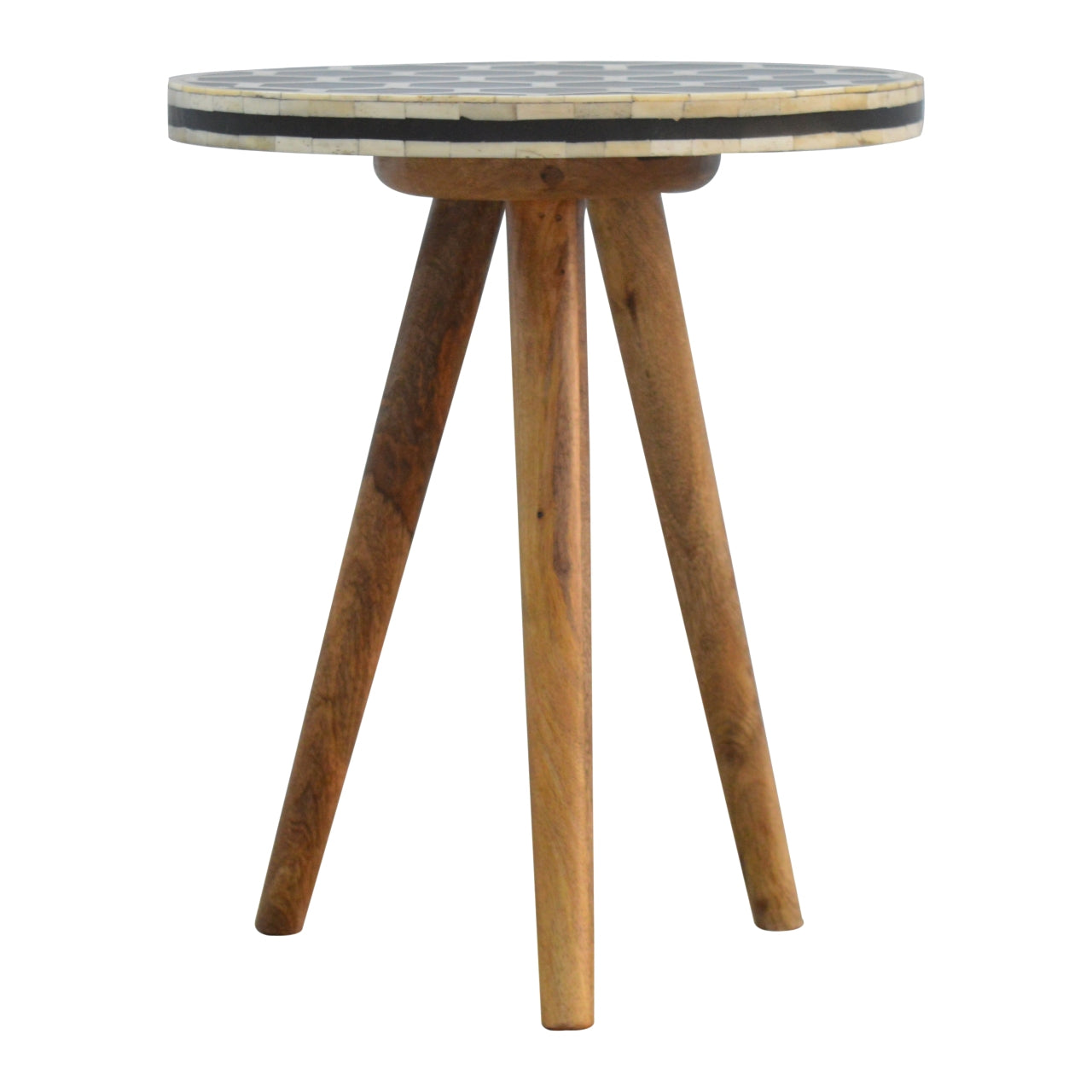 Round bone inlay side table with wooden tripod legs and geometric checkerboard top