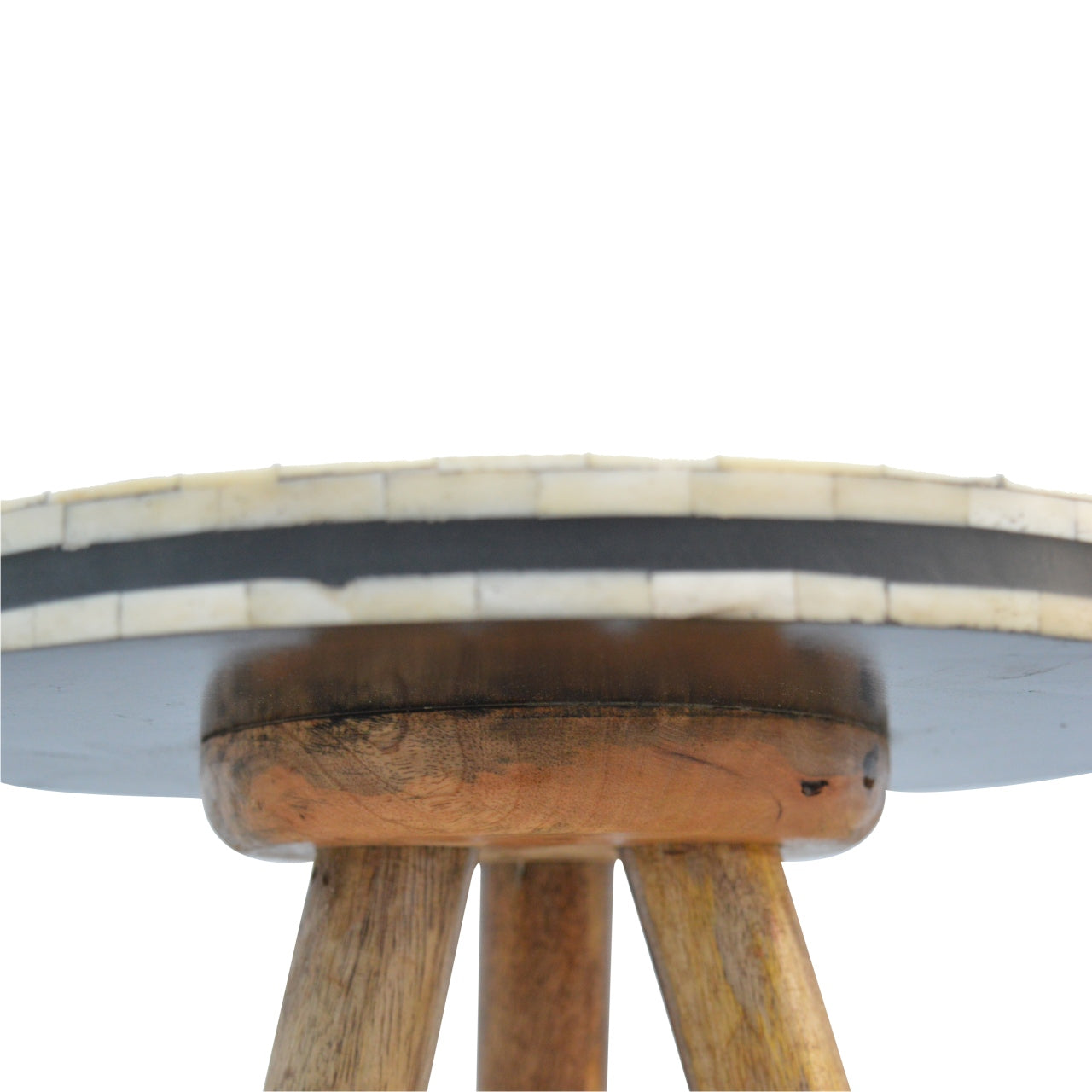 Wooden accent stool with inlaid bone and dark grey stripe detail