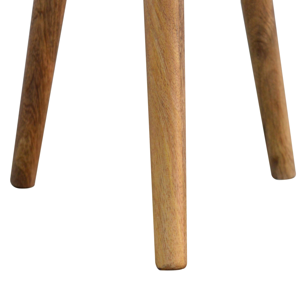 Closeup of three natural wood tapered legs for a modern stool