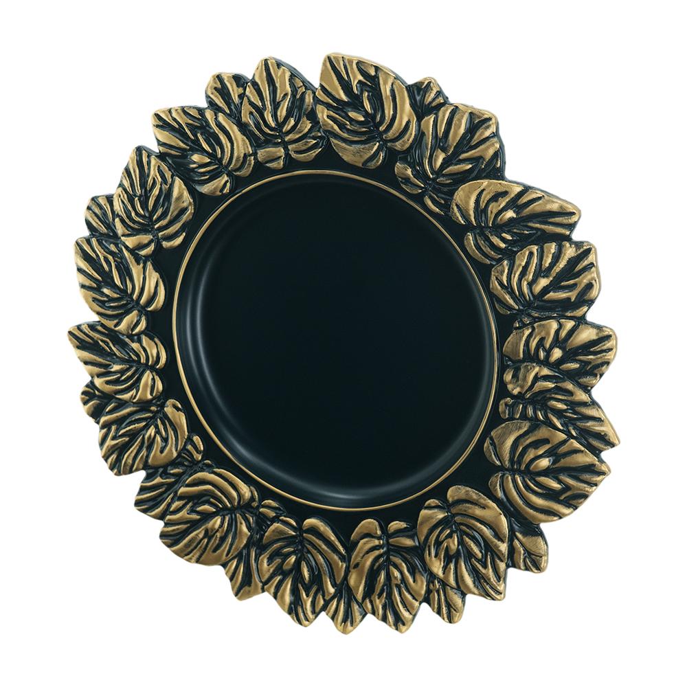 Decorative black tray with ornate gold leaf border